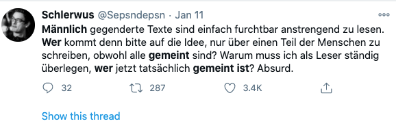 ironischer Tweet über Texte mit generischem Maskulin